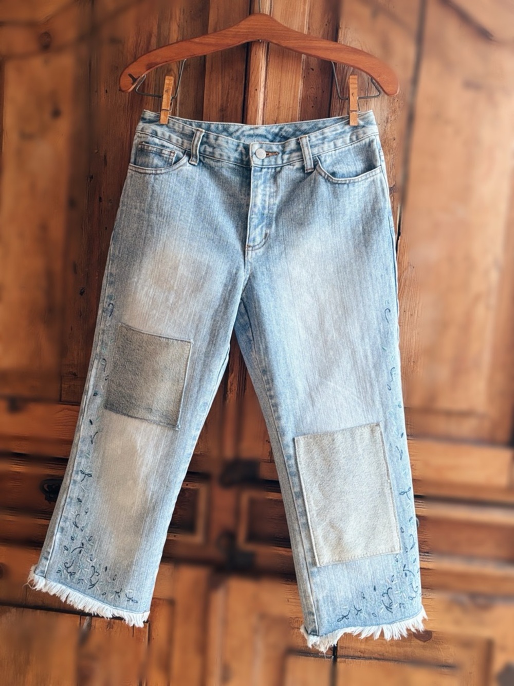 OOAK Artisan Upcycled Bleach Wash Patchwork Cropped Jeans 6P - Picture 5 of 12